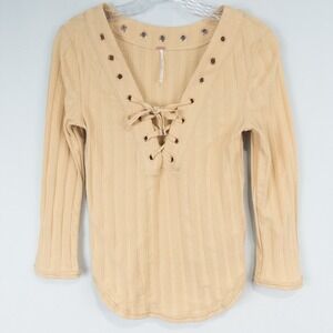 Free People Lace Up V Neck Ribbed Knit Top Size Small Yellow 3/4 Sleeve Y2K Boho